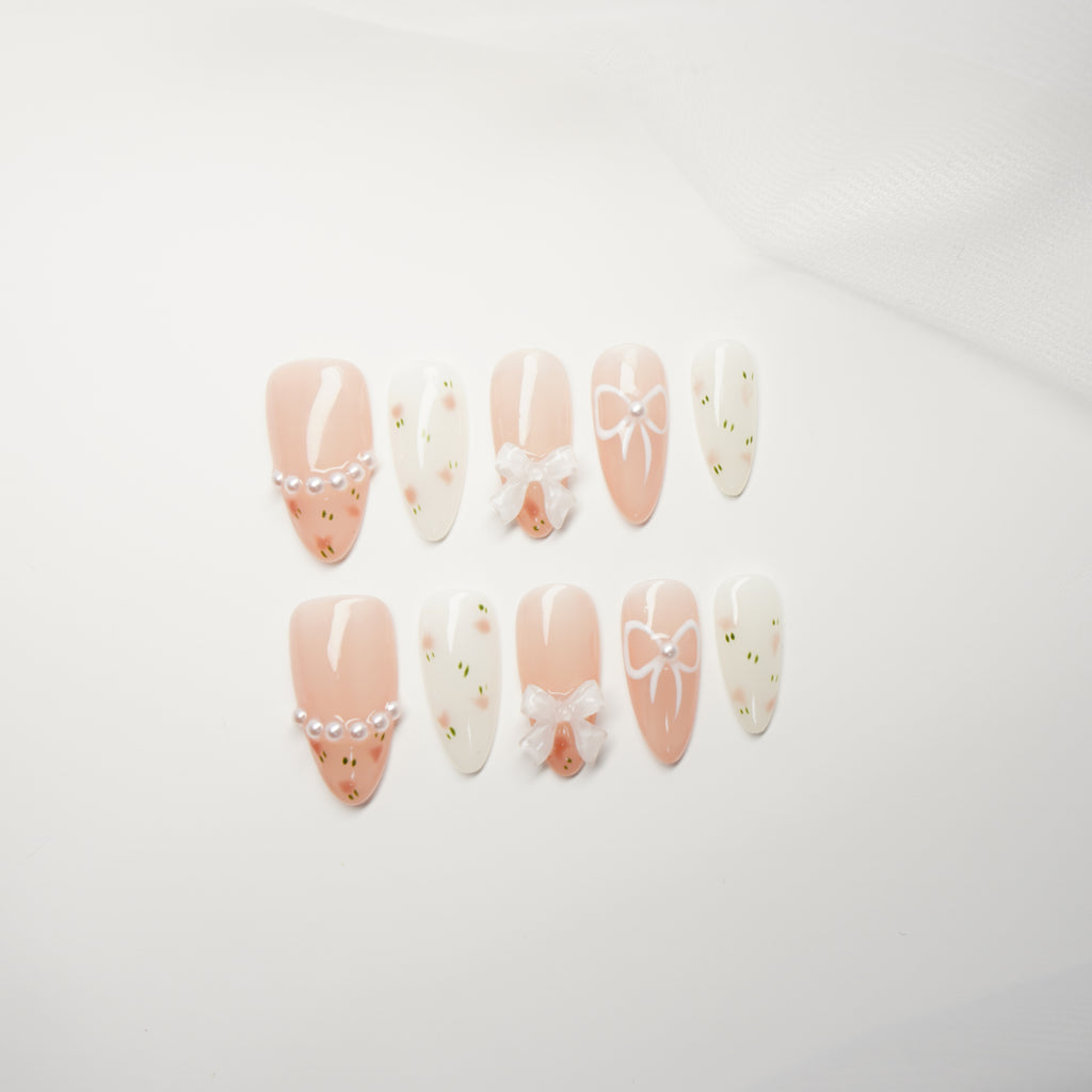 Elegant Handmade Press-On Nails | Aesthetic Floral Pearl & 3D Bow Design | Reusable Almond False Nails for Weddings, Prom, Daily Wear