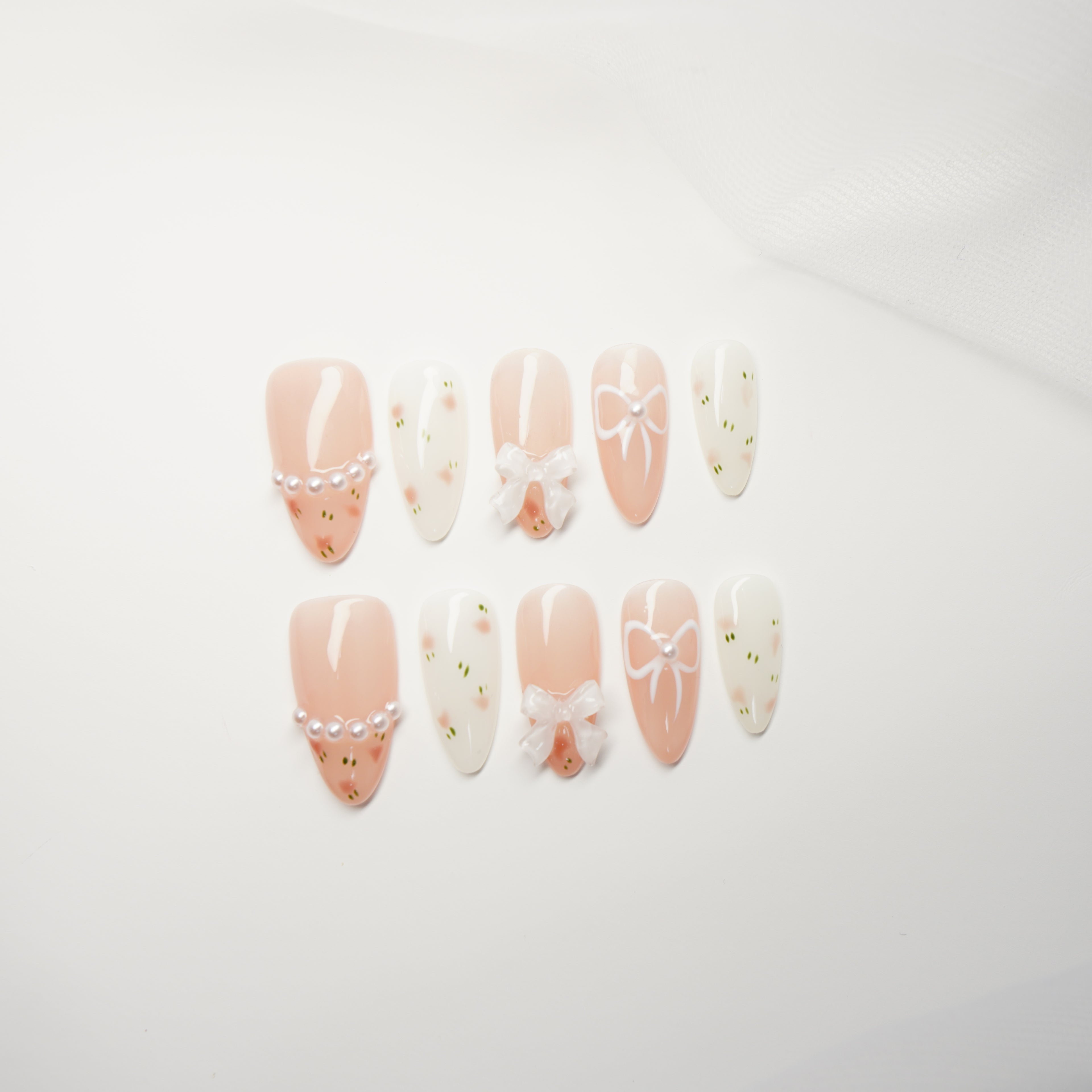 Elegant Handmade Press-On Nails | Aesthetic Floral Pearl & 3D Bow Design | Reusable Almond False Nails for Weddings, Prom, Daily Wear