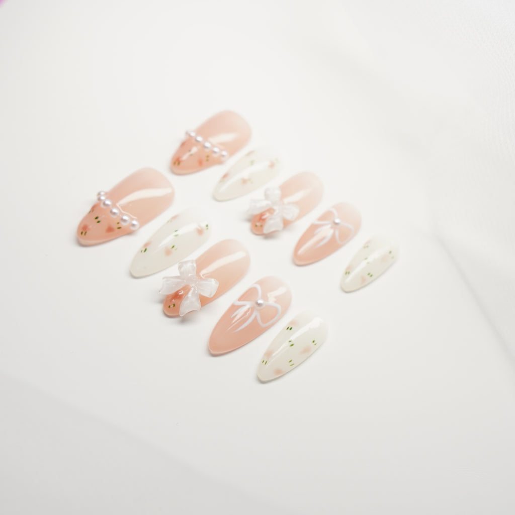 Elegant Handmade Press-On Nails | Aesthetic Floral Pearl & 3D Bow Design | Reusable Almond False Nails for Weddings, Prom, Daily Wear