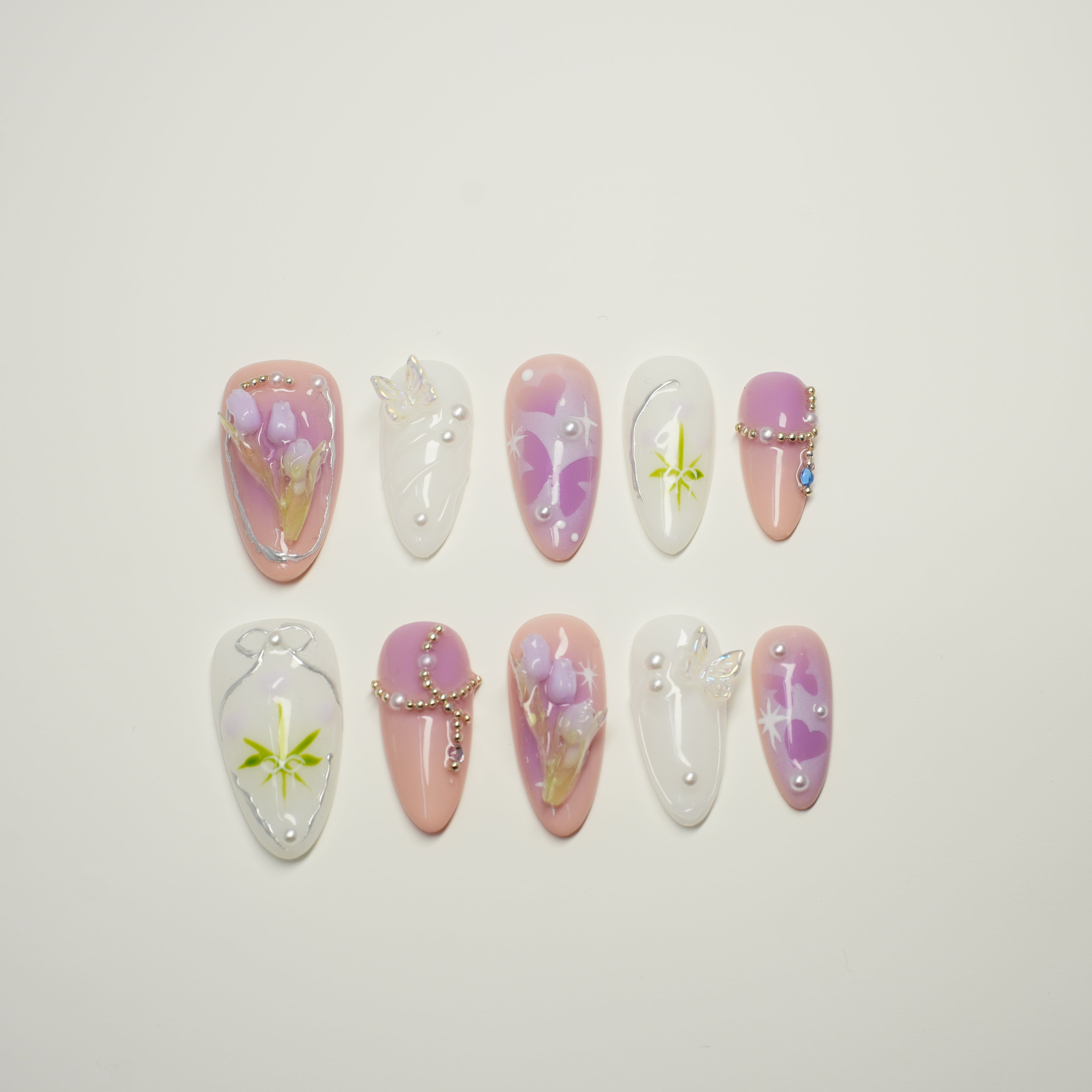 November Nails 100% Handmade Press-On Nails with Elegant Tulip, Heart & Pearl Designs | Reusable Luxury Gel Nail Art Kit
