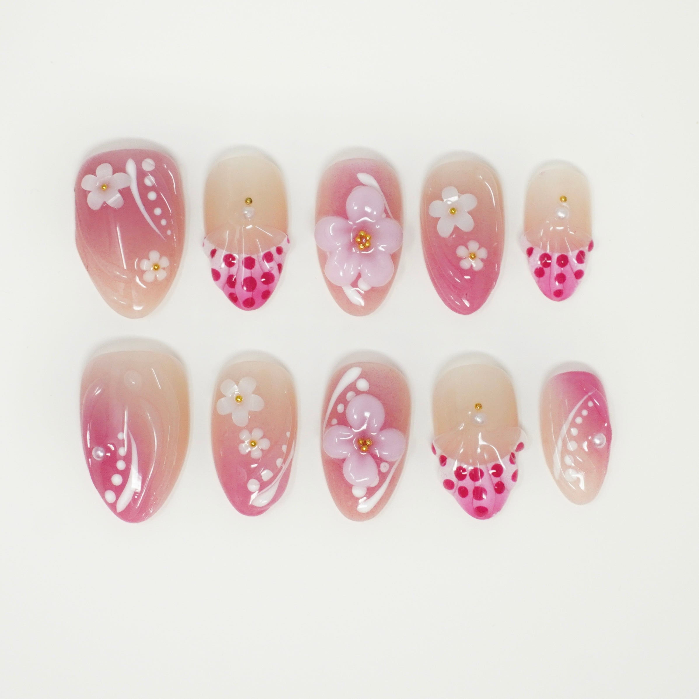 100% Handmade Pink Ombre Floral Press-On Nails | Reusable Gel Nail Art Set