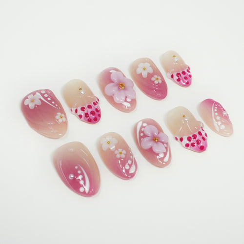 100% Handmade Pink Ombre Floral Press-On Nails | Reusable Gel Nail Art Set