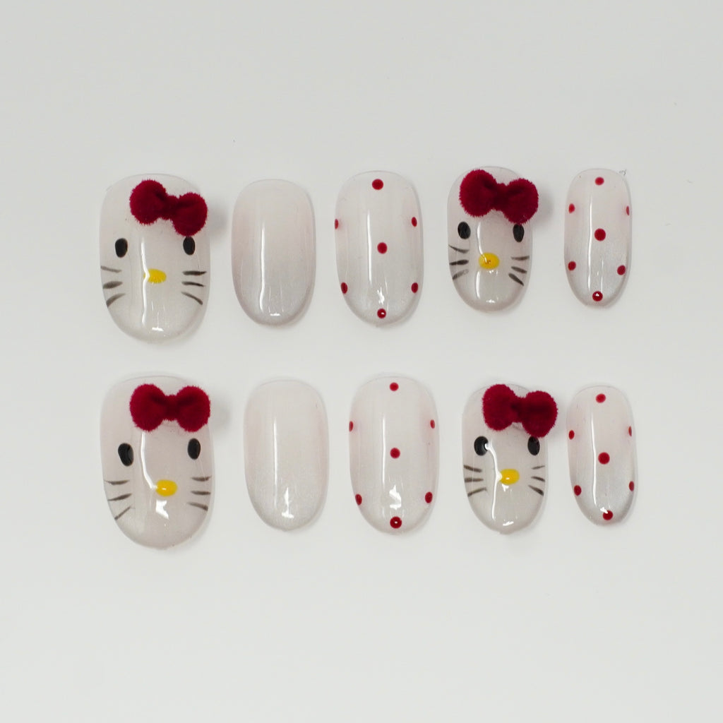 Cute Hello Kitty & Polka Dot Press-On Nails | Reusable Kawaii Artificial Manicure Set with Red Bows