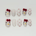 Cute Hello Kitty & Polka Dot Press-On Nails | Reusable Kawaii Artificial Manicure Set with Red Bows