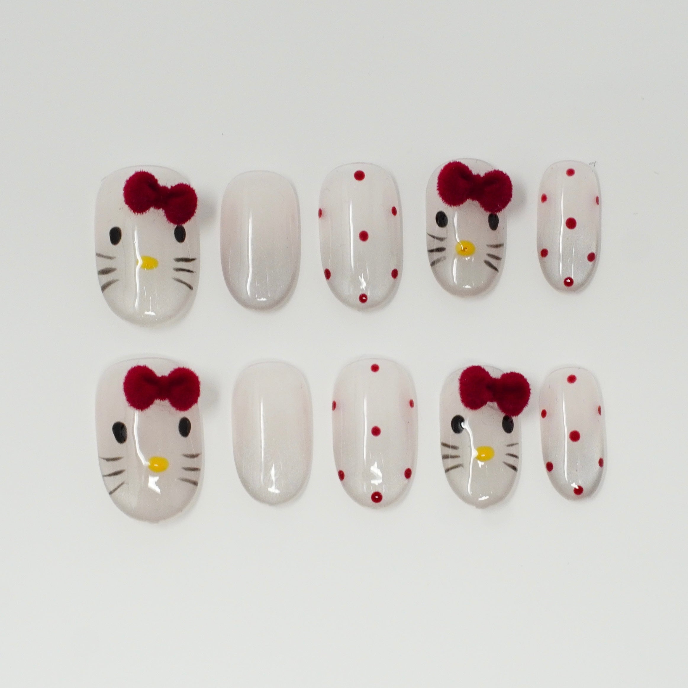 Cute Hello Kitty & Polka Dot Press-On Nails | Reusable Kawaii Artificial Manicure Set with Red Bows