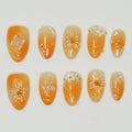 Aesthetic Orange Ombre Press-On Nails | Butterfly & Daisy Art | Reusable Almond Shape Fake Nails