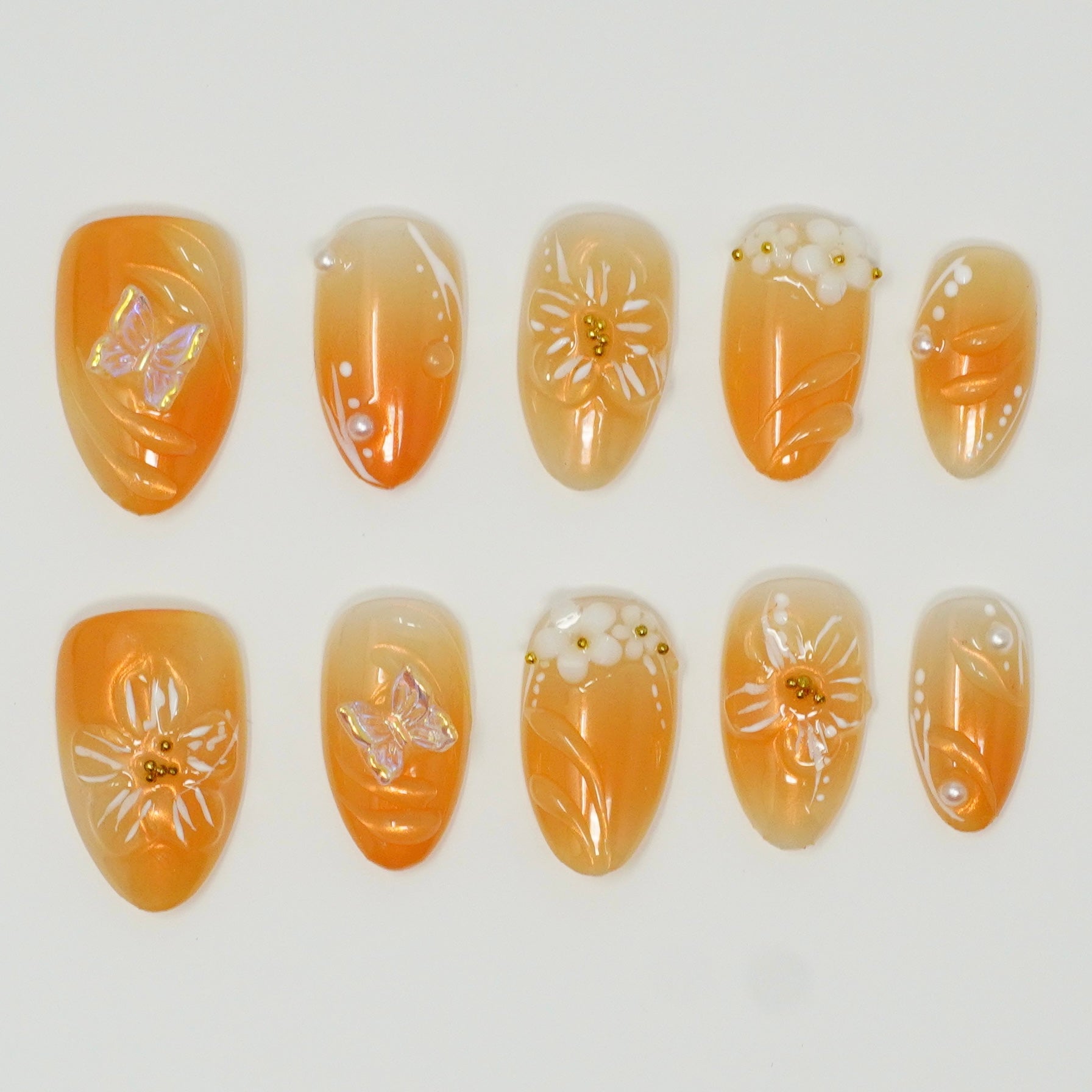 Aesthetic Orange Ombre Press-On Nails | Butterfly & Daisy Art | Reusable Almond Shape Fake Nails