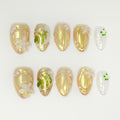 Elegant Golden Iridescent Press-On Nails with Green Leaf & Pearl Accents - Reusable Almond False Nails Set
