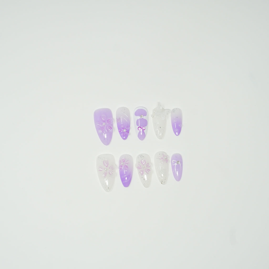 Lavender Ombre Press-On Nails | 3D Flowers, Butterfly & Bow Design | Reusable Almond Fake Nails with Glitter & Rhinestones
