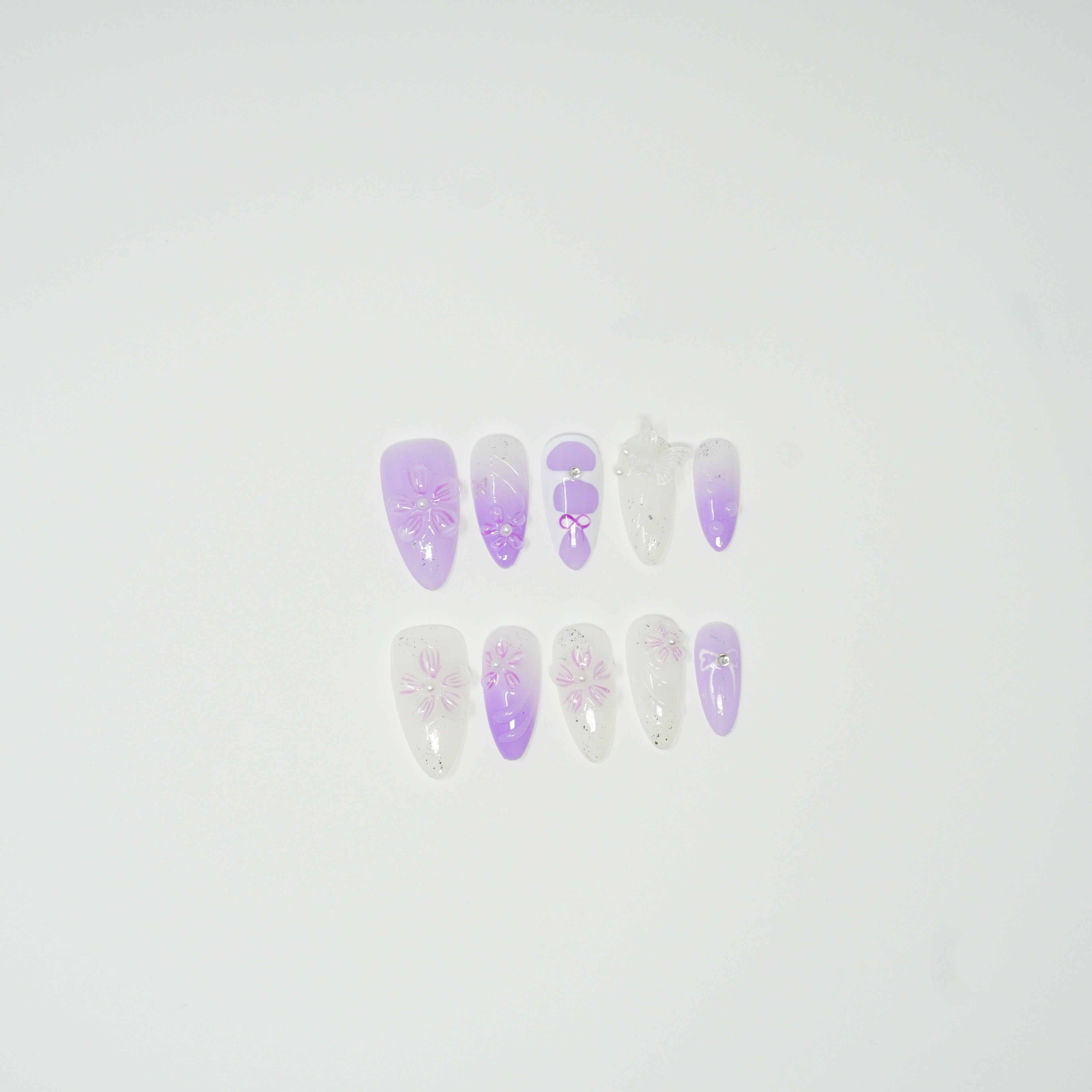Lavender Ombre Press-On Nails | 3D Flowers, Butterfly & Bow Design | Reusable Almond Fake Nails with Glitter & Rhinestones