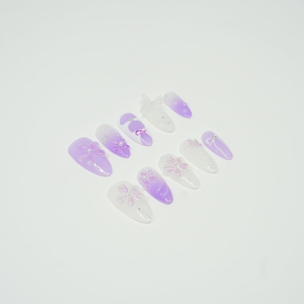 Lavender Ombre Press-On Nails | 3D Flowers, Butterfly & Bow Design | Reusable Almond Fake Nails with Glitter & Rhinestones