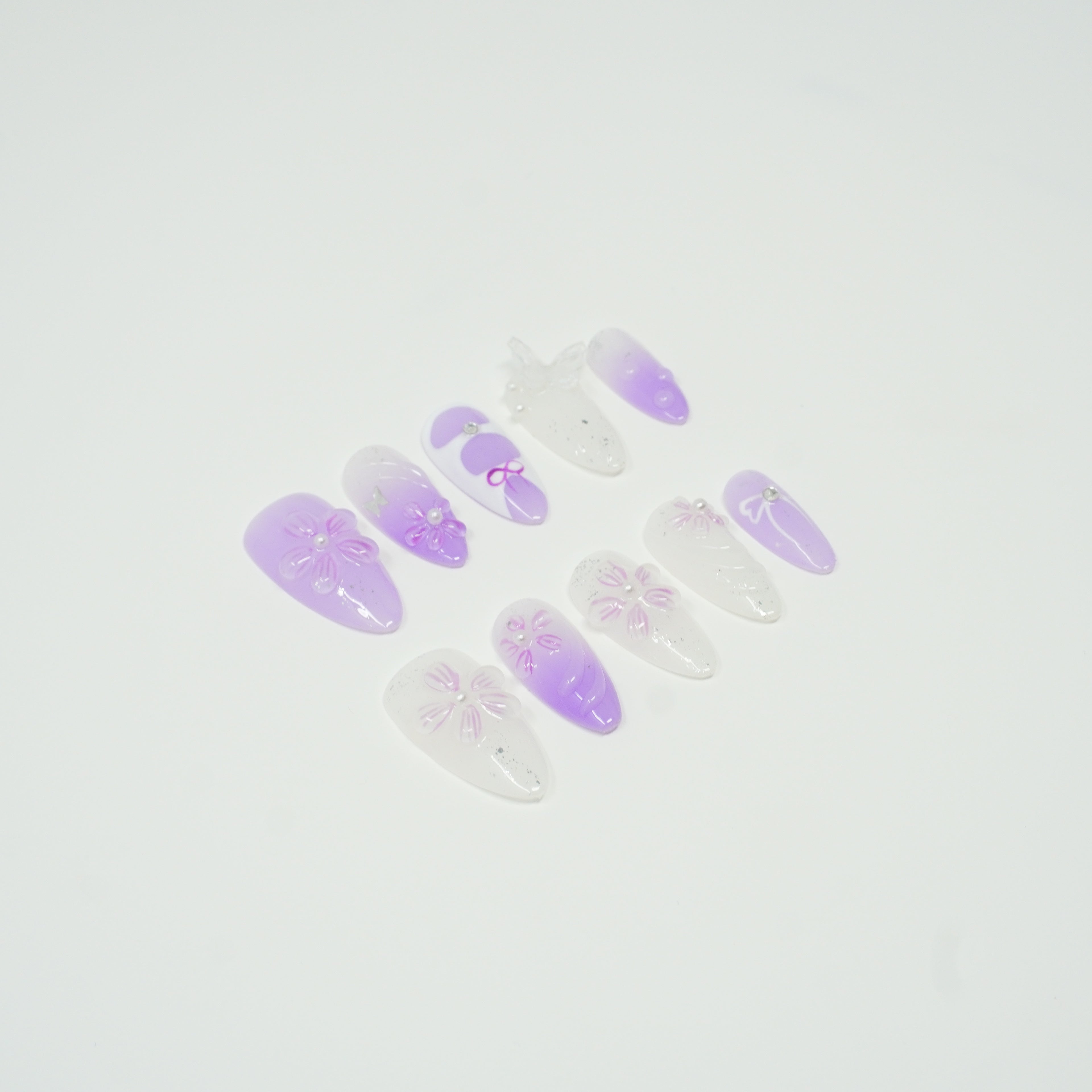 Lavender Ombre Press-On Nails | 3D Flowers, Butterfly & Bow Design | Reusable Almond Fake Nails with Glitter & Rhinestones