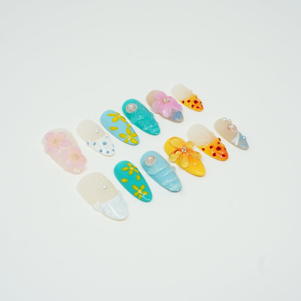 Exquisite 100% Handmade Floral & Dotted Press-On Nails - Reusable Custom Nail Art Kit
