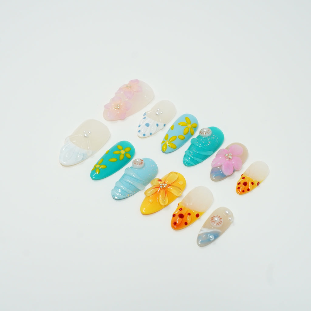 Exquisite 100% Handmade Floral & Dotted Press-On Nails - Reusable Custom Nail Art Kit